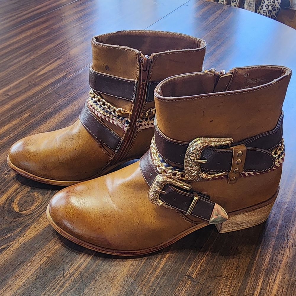Olivia Miller Tan and Brown Buckle & Chain Ankle Boots